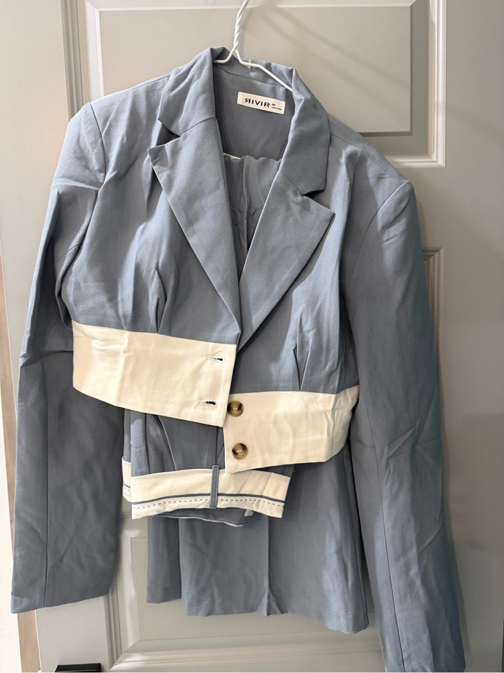 RIVIR Light Blue Cropped Blazer with White Belt Detail
